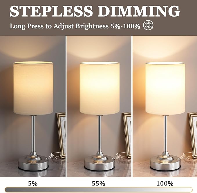 Touch Control Cordlss Table Lamp, USB-C Rechargeable Lamp with Stepless Dimming, 4000mAh Battery Operated Bedside Lamp for Bedroom, Living Room, Night Light & Emergency Lighting, Silver, 2 Pack