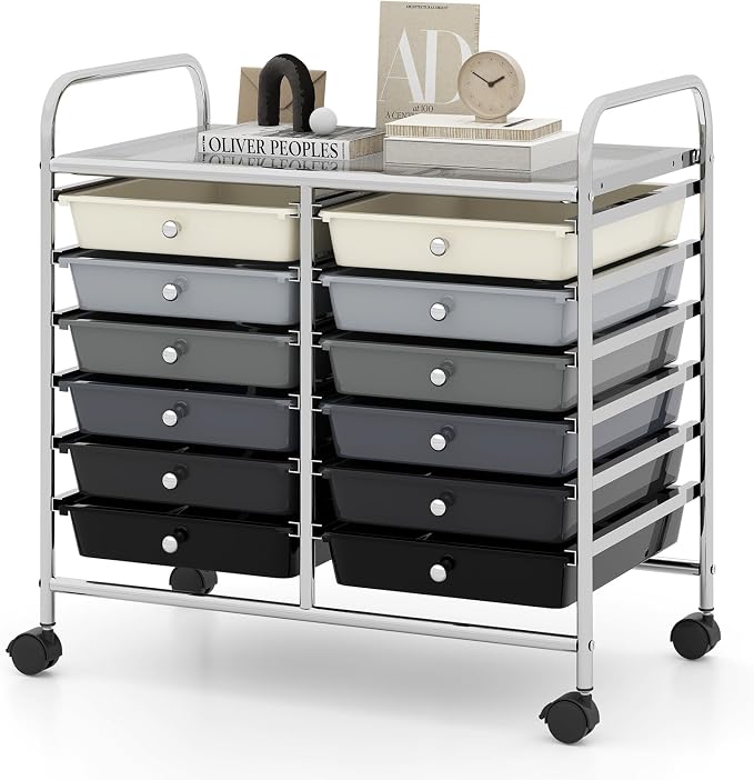 RELAX4LIFE 12-Drawer Rolling Storage Cart - Mobile Utility Cart on Wheels for School Classroom Teacher Office Salon, Paper File Art Supply Craft Organizer, Rolling Cart with Drawers (Gradient Black)