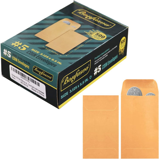 500 Pack #5 Brown coin envelope 3.125 x 5.5 inches Kraft Envelopes Classic Small Parts Envelopes with Self Adhesive Gummed Flap for Coins Cash Credit Cards Seeds