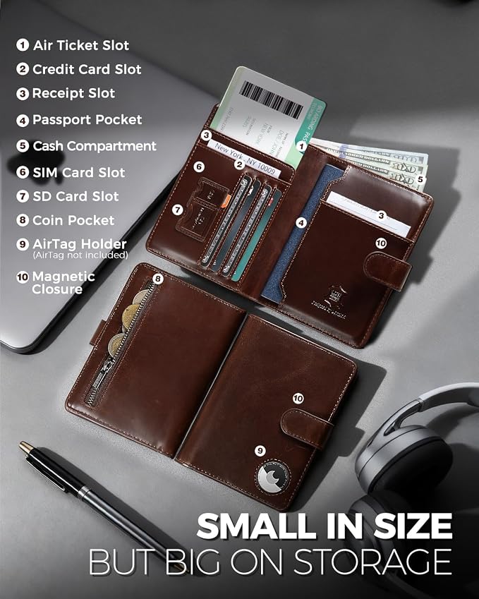 Passport Holder for Travel: Full Grain Leather Passport Cover with Airtag Holder Magnetic Buckle for Men - RFID Blocking Bifold Wallet for Air Ticket Card Cash Coin (Brown)