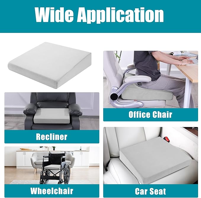 HOMBYS Wedge Recliner Seat Cushion for Long Sitting Chair, Cushion for Elderly Esay to Get Up,5" Thick 20"x20" Large Pressure Relief Seat Cushion for Recliner, Office, Car, Velvet & Foam,Light Grey