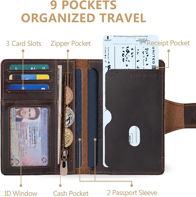 Passport Wallet for Men, Full Grain Leather Passport Holder, AirTag Slot | 2-3 Passport Capacity, Slim for Travel, Multiple Pockets, Magnetic Closure, RFID Blocking, 3 Card Slots, Antique Brown
