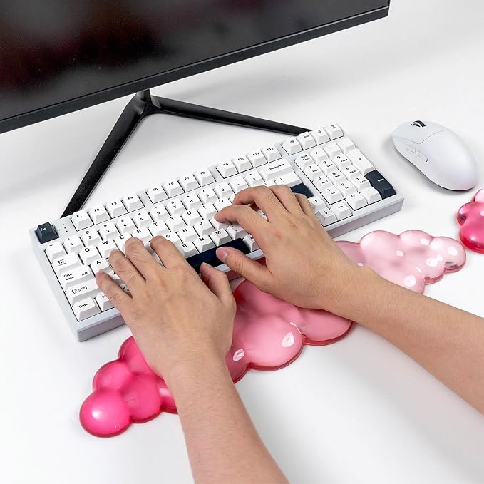 Ergonomic Cloud Silicone Gel Keyboard and Mouse Wrist Rest Set – Clear Wrist Rest for Computer Keyboard 60%/68%/75%, Comfort & Support for Typing and Gaming (White Pink)