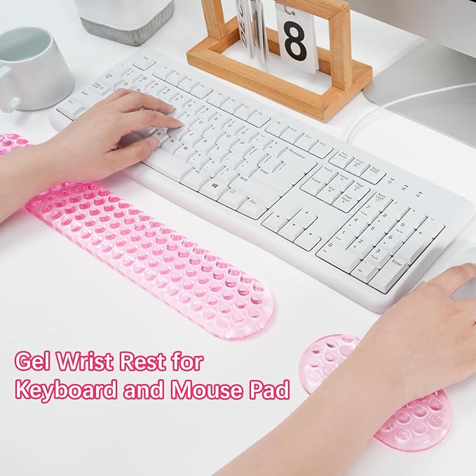 MOSISO Gel Wrist Rest Support for Mouse Pad&Keyboard Set, Pink | Ergonomic Massage Keyboard&Mouse Pad Set, Non-Slip Base Pain Relief&Soft Cooling Gel Computer Easy Typing Pad for Home/Office