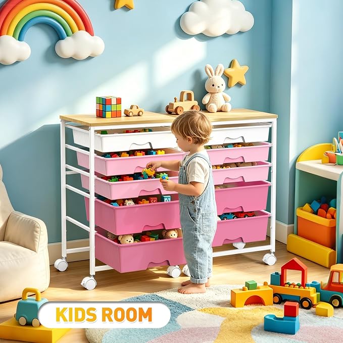 SUNALLY Rolling Carts with 5 Drawers, Storage Drawer Carts for Craft, Pink | Rolling Utility Cart with Wooden Tabletop & 2 Lockable Wheels, Teacher Storage Cart for Classroom School, Makeup, Nail, Art