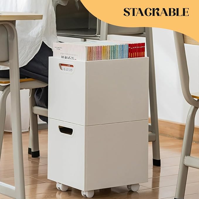 Rolling File Organizer with Wheels, Stackable Storage File Boxes, Portable Letter/Legal Size File Folder Box Book Box Document Organizer for Home Office Filing Storage Bin, White