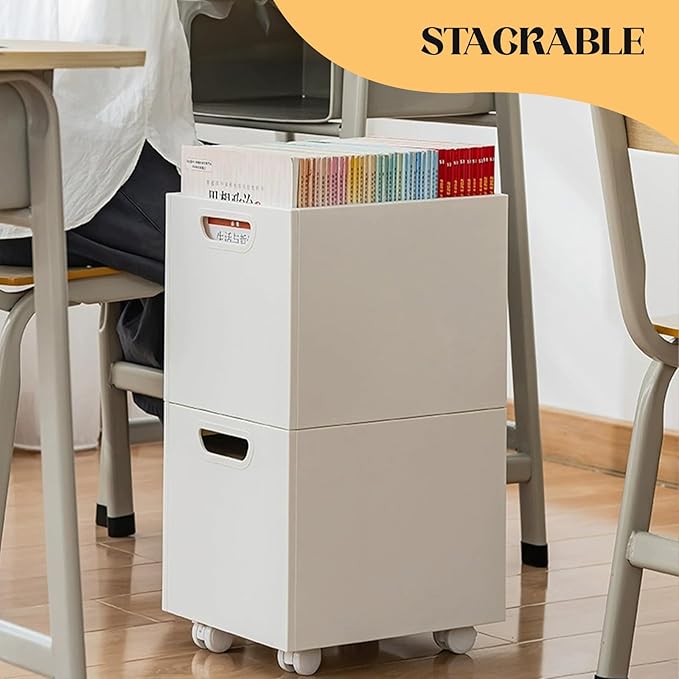 File Box Rolling File Organizer with Wheels Stackable Storage File Boxes Portable Letter File Folder Box Book Box Document Organizer for Home Office Filing Storage Bin, 2Pcs