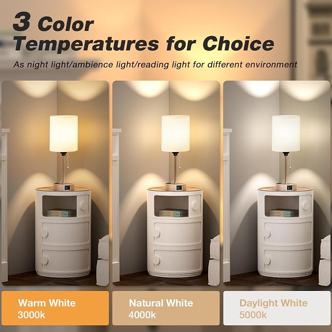 Small Bedside Table Lamp for Bedroom, Desk Lamp with USB Ports for Dorm | USB A+C Ports, AC Outlet, 3 Color Temp, LED Bulb Included, White Fabric Shade, Light-Gold Brass Base, 14" Night Stand Lamp