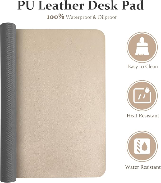 Leather Desk Pad Mat, Beige Desk Mat, 23.6" x 13.7" | Non-slip and Waterproof Computer Mat, Desk Protector for Office/Home, Desk Accessories