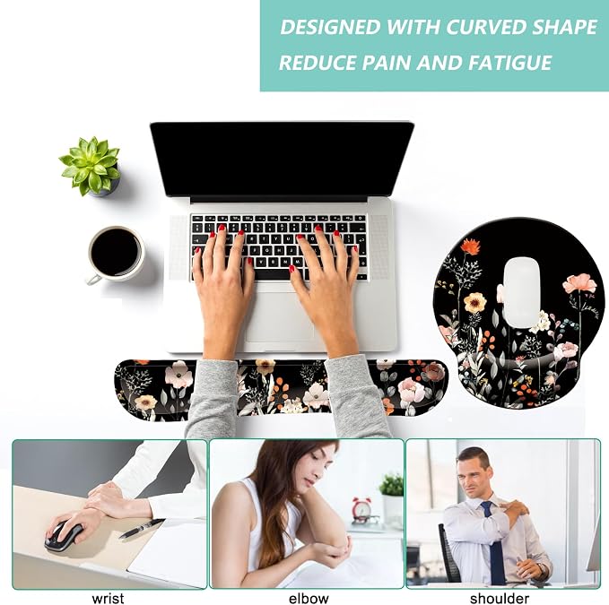 Keyboard Wrist Rest Pad Mouse Pad with Wrist Support Set of 3, Mousepad with Non-Slip Rubber Base, Ergonomic Memory Foam Mouse Wrist Cushion Support for Home Office Laptop Computer, Flower Black