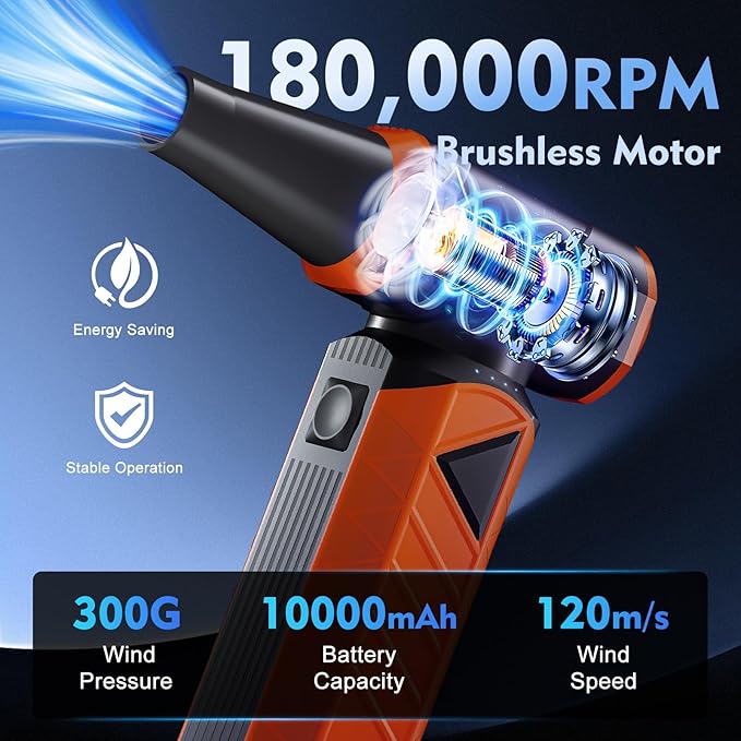 WHATOOK Updated Compressed Air Duster: Air Blower with Stepless Speed Regulation Mode, 180000RPM Electric Air Duster with Brushless Motor, Air Duster for Keyboard, PC, Car and Home Cleaning（Orange）