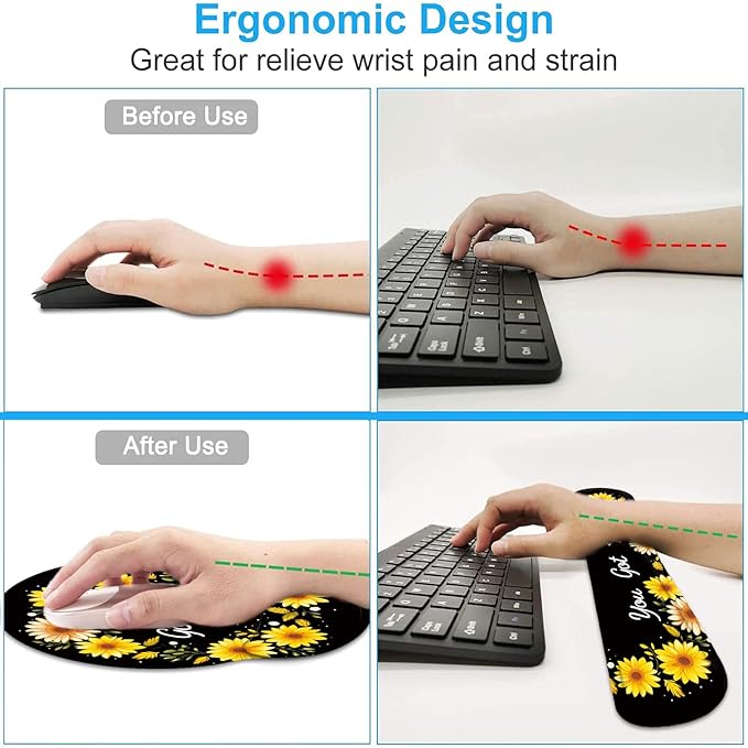 Keyboard Wrist Rest and Mouse Wrist Rest Pad with Cup Coaster,Made of Memory Foam,Ergonomic Support,Easy-Typing and Pain Relief,for Gaming Office Home Computer,You Got This Sunflower
