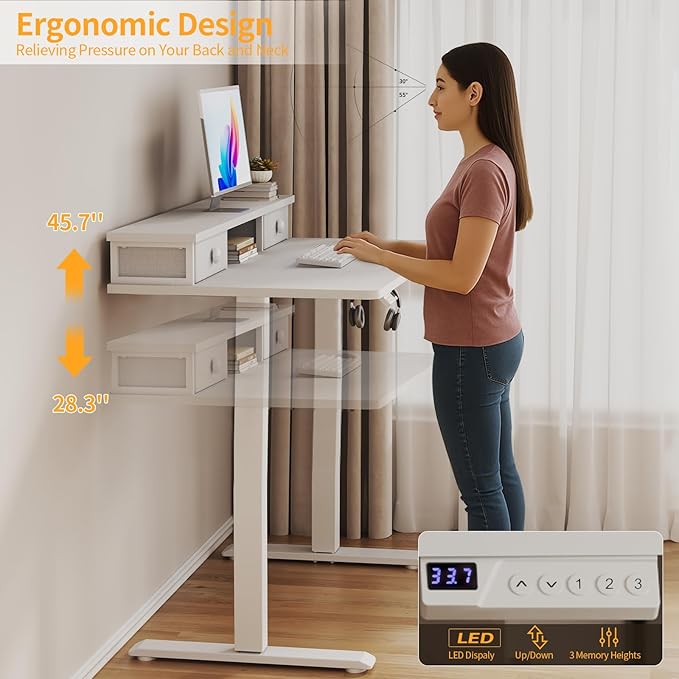 White Electric Standing Desk with Drawers - 40 Inch Small Standing Desk with Shelf Monitor Stand Storage Height Adjustable for Home Office, Study Writing Girls Computer Sit Stand Desks for Bedroom
