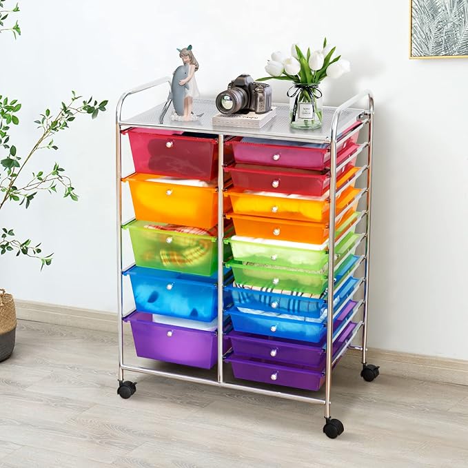 GLACER 15 Drawers Rolling Storage Cart, Steel Frame Craft Organizer Cart | Utility Cart w/Lockable Wheels & Sleek Handle, Mobile Art & Tool Supply Trolley for Teacher, Home, School, Office (Rainbow)