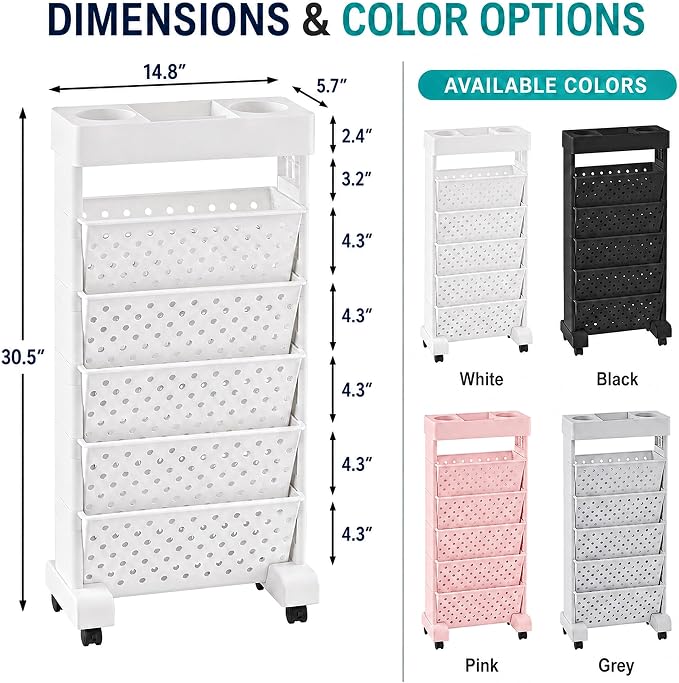 BYFU 6-Tier Rolling Bookshelf Cart, White | Movable with Wheels, File Paper Storage Organizer, For Home Office Study Classroom