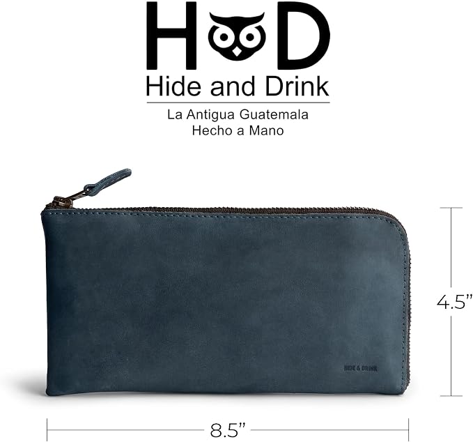 Hide & Drink, Leather Long Zippered Wallet, Holds Up to 8 Cards Plus Coins And Flat Bills, Phone Holder, Cash Organizer, Travel Essentials, Handmade, Slate Blue