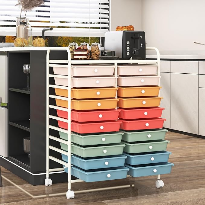 RELAX4LIFE 20 Drawer Rolling Storage Cart, Mobile Rolling Cart w/Drawers for School Classroom Teacher Office Home Salon, Paper File Art Supply Craft Organizer, Utility Cart on Wheels (Macaron)