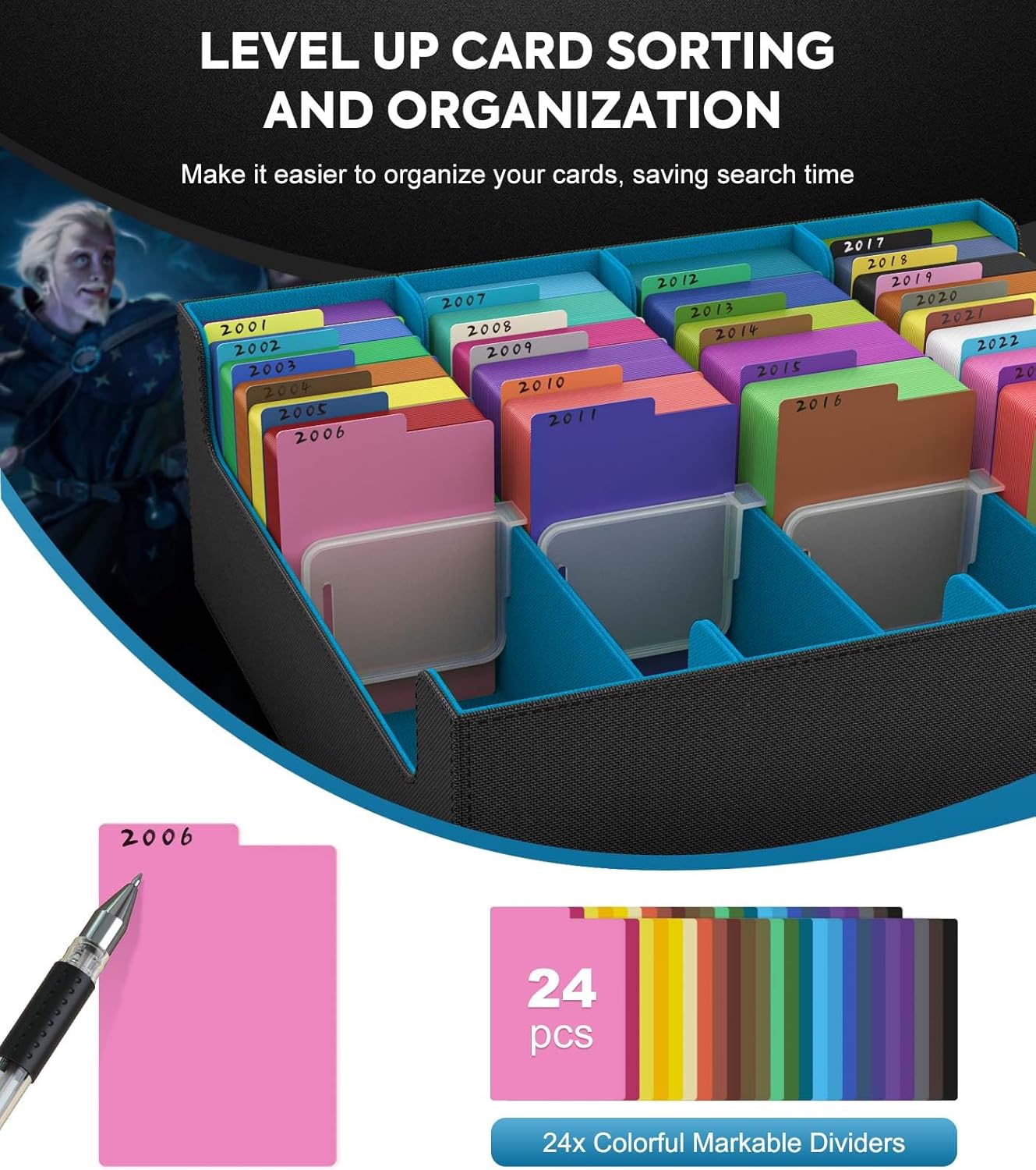 MoKo Trading Card Storage Box, 3000+ MTG Deck Box with 24 Colorful Dividers & 4 Card Supporters, Commander Card Deck Case Fits for Magic Game Cards, YugiOh, TCG, PTG and Sport Cards, Cyan