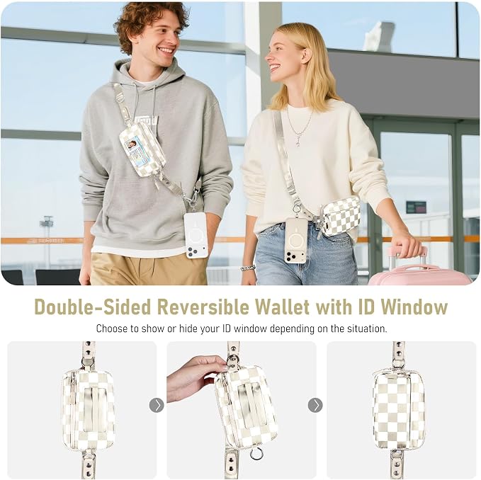 Tiostep Clip and Go Strap for Phone with Wallet Crossbody Phone Lanyard Adjustable and Detachable RFID Wristlet Wallet (Beige Yellwo Checkered, Medium)
