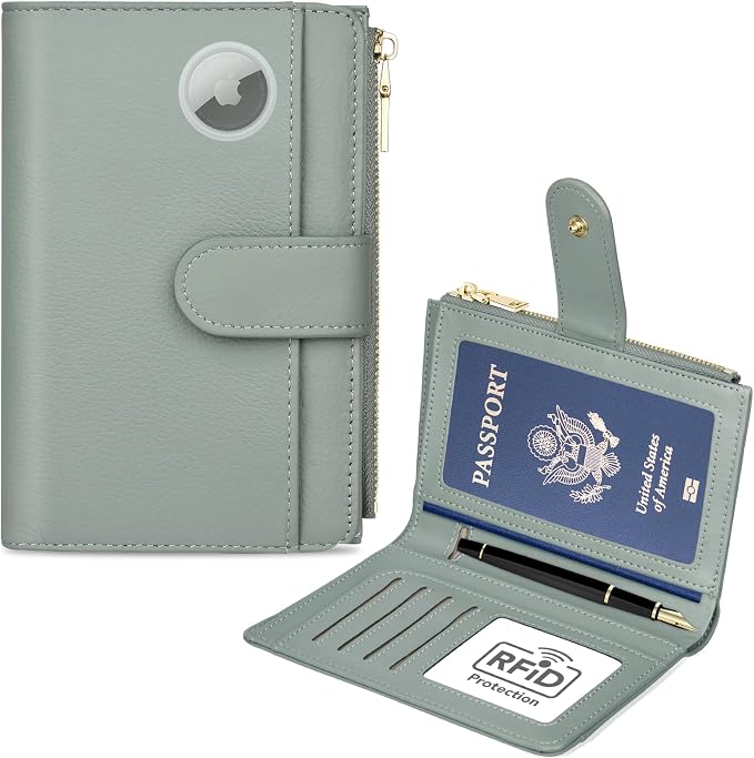 RFID Passport Holder for Travel, Leather Passport Wallet Cover with Airtag | with Airtag Slot, Card Cash Holders, Zippered Coins Pocket, for Women/Men, Gift Box, Travel Essentials, 4.1"L x 1"W x 6.3"H