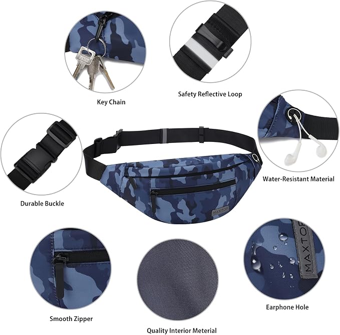 MAXTOP Large Fanny Pack Cross Body Bag Camo Belt Bag with Headphone Jack | Lightweight,4-Zipper Pockets, Adjustable Straps,Idea for Sports Workout Traveling Running Casual