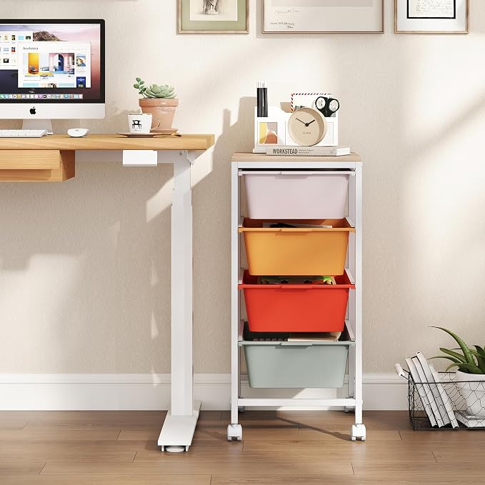 Giantex Rolling Storage Cart with 4 Drawers, Utility Cart w/Wooden Tabletop, Lockable Wheels, Multipurpose Organizer for Art Craft Scrapbook Paper, Drawer Carts for Dorm Classroom Office, Macaron