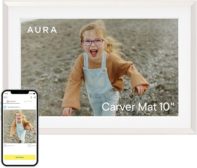 Aura 10" HD WiFi Digital Picture Frame – Free Unlimited Cloud Storage – Send Photos from Phone – No Subscription – Auto On/Off – Gift for Parents & Grandparents (White Mat, 10")