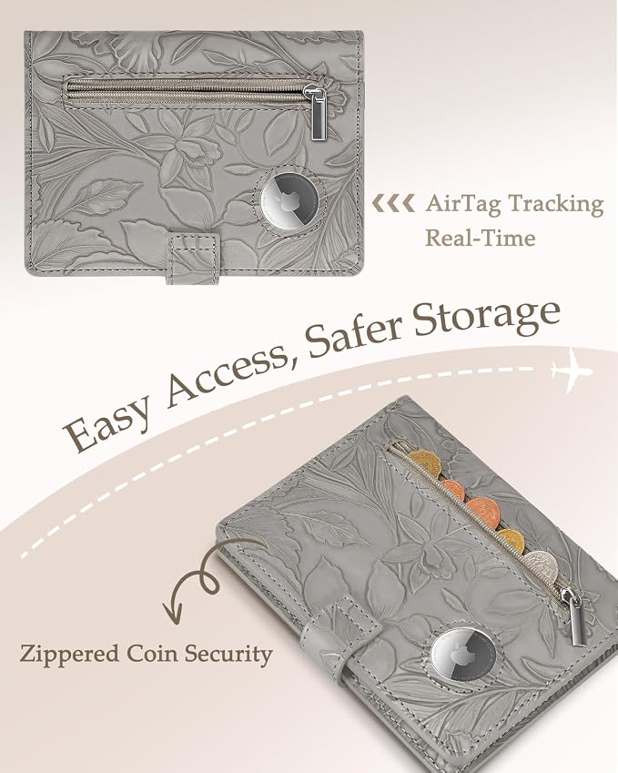 Slohif Elegant RFID Passport Holder for Travel with AirTag Elephant Gray | Floral Embossed Passport Wallet for Women, Slim Vegan Leather Travel Organizer with Money Pocket and Card Slots