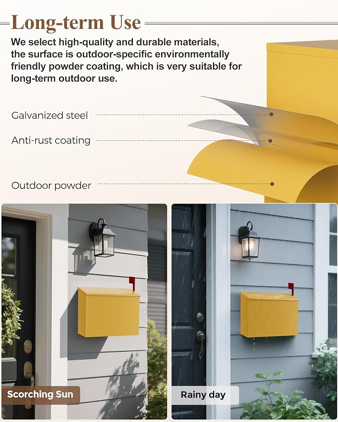 Wall-Mount Mailbox for Outside, Large Capacity Rust-Proof Mail Box with Stay-Open Lid & Red Flag Kit, Galvanized Steel Weather-Resistant Post Box for House Outside, 10.5"x4.3"x14.2", Yellow
