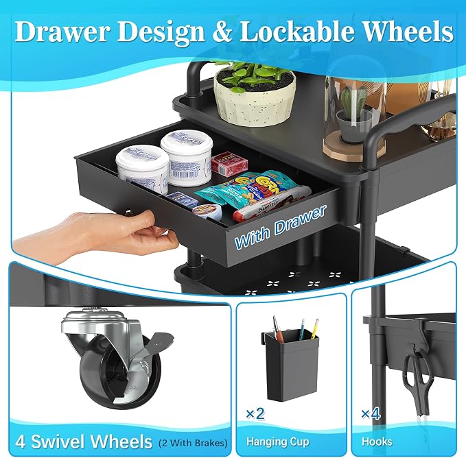 SUNALLY 3 Tier Rolling Cart with Drawer, Craft Storage Cart Organizer,Black | Bathroom Storage Organizer with 2 Lockable Wheels, Rolling Utility Cart for Kitchen, Office, Baby, Makeup, Nail,Snack,Laundry