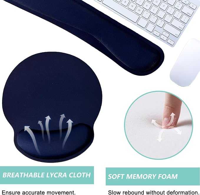 Keyboard Wrist Rest Pad Mouse Pad with Wrist Support Set of 3, Mousepad with Non-Slip Rubber Base, Ergonomic Memory Foam Mouse Wrist Cushion Support for Home Office Laptop Computer Gaming, Navy Blue