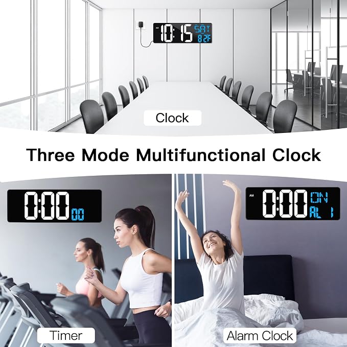 17 Inch Large Digital Wall Clock with Remote Control, Automatic Brightness Dimmer Digital Wall Clock Large Display with Day/Date/Temperature, Snooze, Count Up & Down Timer for Living Room, Office, Gym