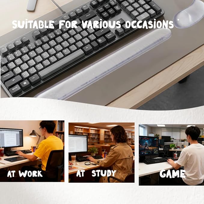Gel Wrist Rest for Keyboard,Office & Gaming,White Silicone 2-Piece Set | Clear white silicone gel, office/gaming,60%/68%/75% keyboards,mouse rest,cooling,non-slip, easy cleanErgonomically designed
