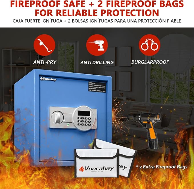 Voncabay Money Safe Box for Home with Digital Keypad, 1.5 Cu. Ft., Blue | Alloy Steel, 2 Fireproof Bags, Digital Keypad with Display, Removable Shelf, Alarm System, 14 x 13 x 13 In.