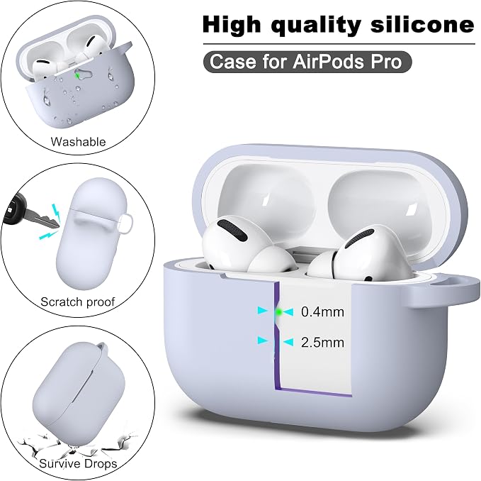 for AirPods Pro 2 Case, Soft Silicone Protective Cover with Keychain and Cleaning Pen, Compatible with AirPods Pro 2nd/1st Generation, Supports Wireless Charging, Light Grey