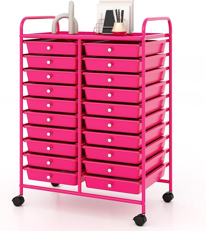 RELAX4LIFE 20-Drawer Rolling Storage Cart - Mobile Rolling Cart w/Drawers for School Classroom Teacher Office Home Salon, Paper File Art Supply Craft Organizer, Utility Cart on Wheels (Hot Pink)