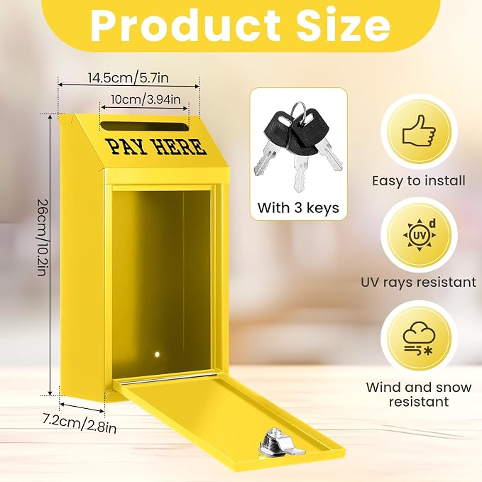 Yaocom Safe Metal Cash Box for Farm Stand – Money Drop and Secure Donation Collection, Wall Mount Lockable Unit with Pre Drilled Holes for Outdoor Self Serve(Yellow,10.2 x 5.7 x 2.8 Inch)