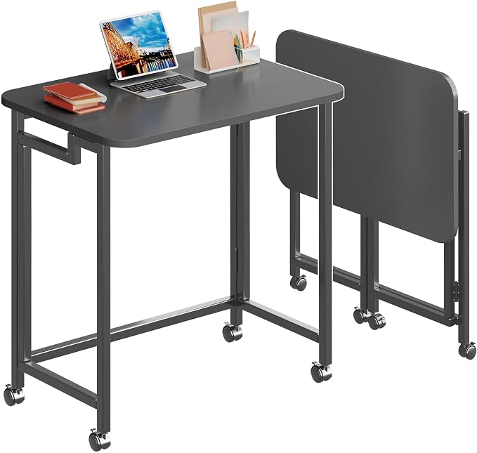 4NM 23.6" Mobile Small Rolling Computer Desk, Folding Laptop Cart Table with Wheels, Portable Office Desk for Small Space Couch Bed - All Black
