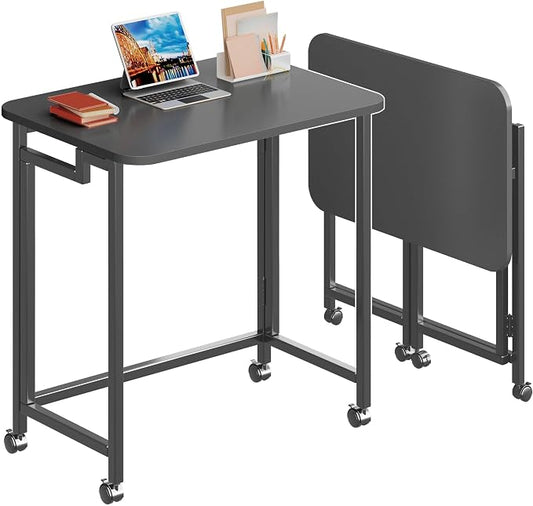 4NM 23.6" Mobile Small Rolling Computer Desk, Folding Laptop Cart Table with Wheels, Portable Office Desk for Small Space Couch Bed - All Black