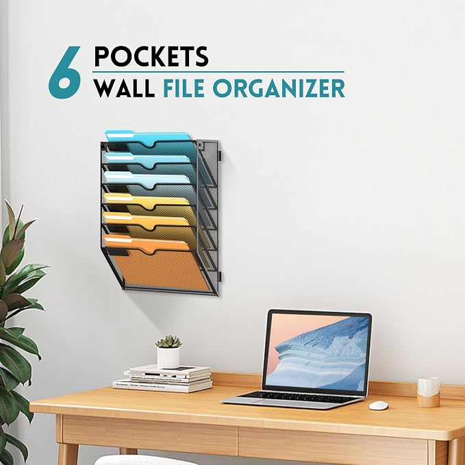 6 Tier Wall File Organizer, Hanging Wall Mounted Mail Organizer with Label Slots, Metal Mesh File Holder Magazine Rack for Office, Home, School or Classroom, Black, 2Pack