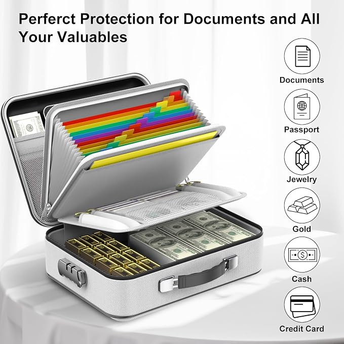 Fireproof Document Organzier with Lock, Hard Fireproof Document Box | Hard-Shell Fireproof Waterproof Document Box with Combination Lock Grey