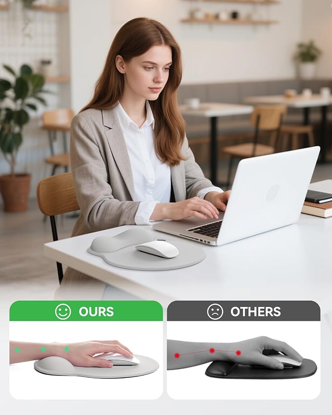 Mouse Pad with Wrist Rest for Desktop Large Ergonomic Mouse Mat(Light Gray) | 10.6''L x 9''W Size, Gel Wrist Support, Non-slip Base, Washable Surface, Laptop Mousepad