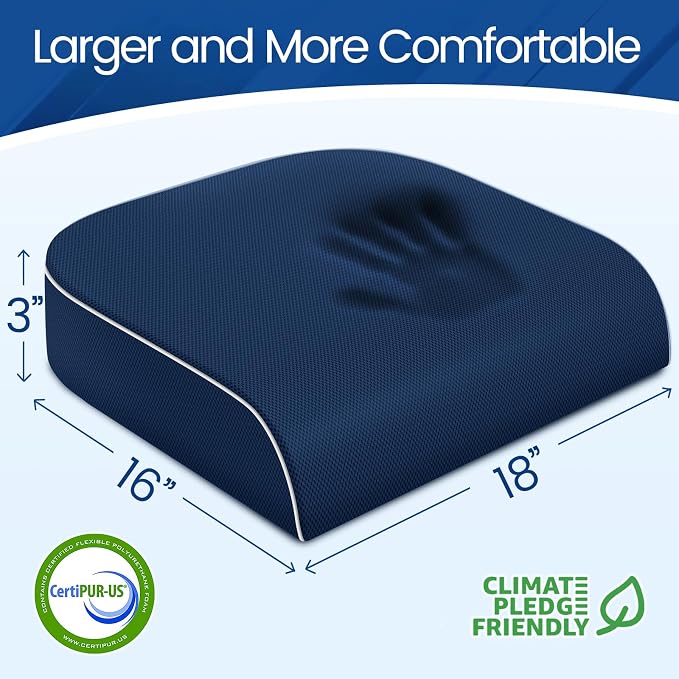 SweetSlubr Seat Cushion for Tailbone Pain Relief, Office Chair Cushion, Memory Foam Large Chair Pad with Non-Slip Cover for Soft Support at Office Chair, Car Seat, Airplane Dark Blue/Large