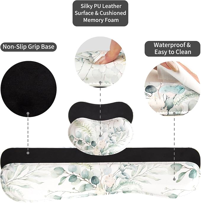 QIYI PU Leather Desk Mat Set, 4-in-1 Ergonomic Wrist Rest, Eucalyptus Leaf | Waterproof Large Mouse Pad 31.5×15.7 + Keyboard Wrist Rest + Mouse Wrist Support+Coaster, Non-Slip Office Gaming Accessories
