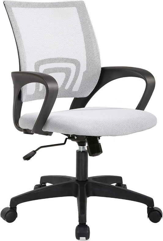 BestOffice | Ergonomic Office Chair | Mid-Back Swivel Desk Chair | Breathable Backrest & Lumbar Support | Adjustable Height | Sponge Seat | Rolling Wheels | White | for Adults & Women