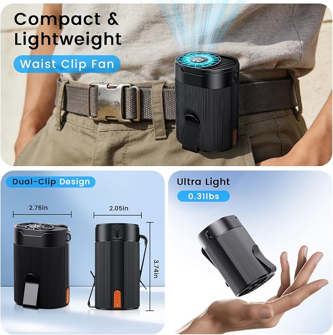 AI Portable Waist Fan,Rechargeable Fan with 4-Speed 6600RPM Strong Airflow,Personal Waist Fan with up to 25H of Working Time,Hands-Free/Belt/ Neck Fan,Wearable Belt Fan for Camping,Work,Outdoor,Travel