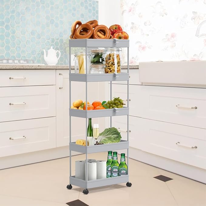SPACEKEEPER 5 Tier Storage Rolling Cart, Bathroom Cart with Wheels, Gray | Mobile Storage Cart for Laundry Room Organization,Kitchen,Office,Bathroom, Utility Cart for Snack,Craft,Art,Makeup,Nail,Toys