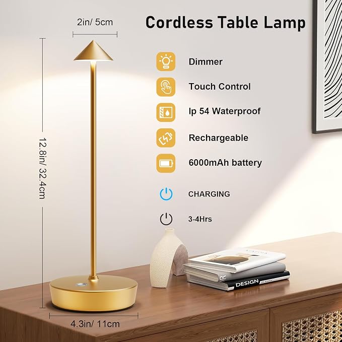 Set of 2 Cordless Rechargeable Led Table Lamp Battery Operated Light Gold | 6000mAh Desk Lamp Touch 3 Color Dimming Portable Metal Outdoor Waterproof Light for Patio/Restaurant/Dining/Home