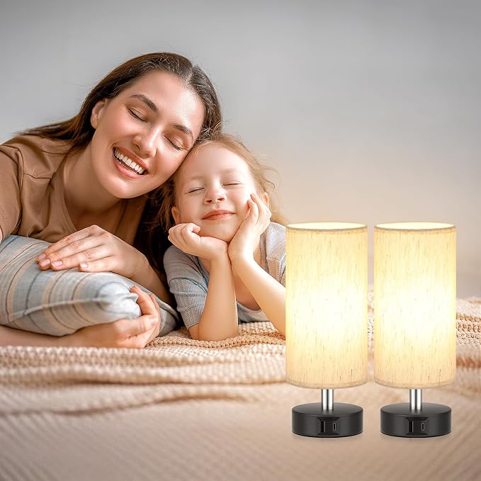 Small Table Lamps for Bedroom set of 2 - Touch Lamps with 3 Way Dimmable | Two LED Bulb Included | USB C and A Ports | Cream Shade and Black Base | Bedside Lamp for Nightstand