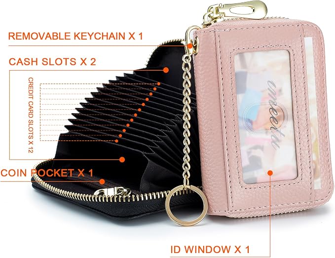 imeetu RFID Credit Card Holder, Small Card Wallet Women, Leather Card Case | Genuine Leather Women's Card & id Cases, Change Coin Purse with Zipper Keychain id Window, 20 Colors & 3 Styles, Daily, Gifts